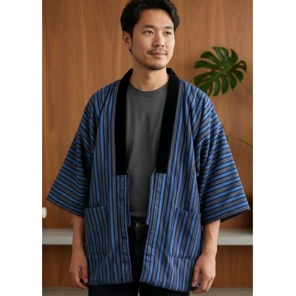Vtg Manten Japanese Kimono Jacket Open Front Blue Striped Black Velour Size XL